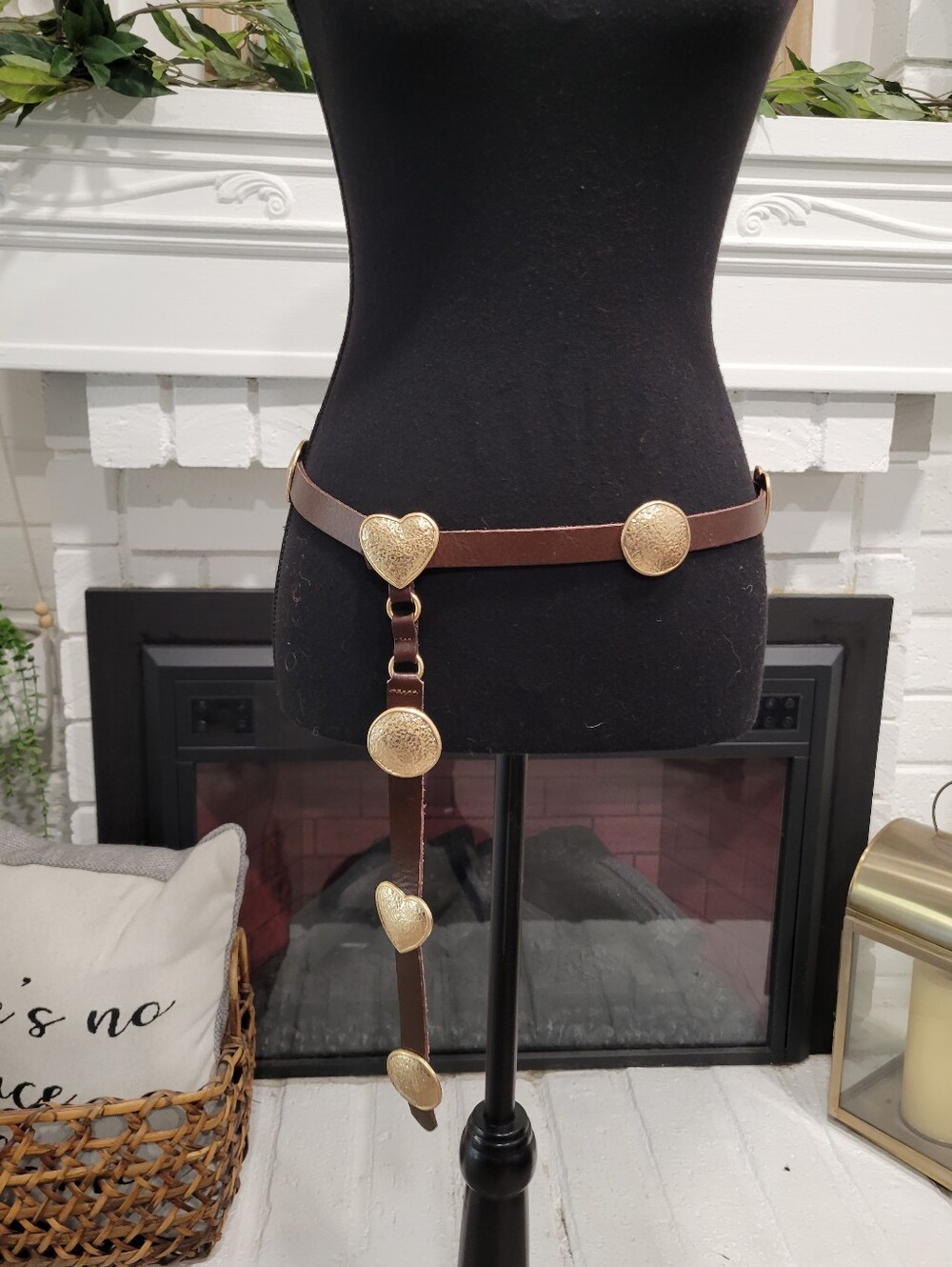 ZARA 100% Leather Brown Gold Heart Medallion Harness Boho Belt EU 80 US 30